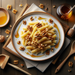 Crea l'immagine di un piatto che rappresenta la ricetta di "Linguine con Miele e Noci" catturando l'essenza di una fotografia professionale di alta qualit&agrave;, con il soggetto in primo piano e un tavolo realistico imbandito con gli ingredienti principali della ricetta. La fotografia &egrave; scattata frontalmente.