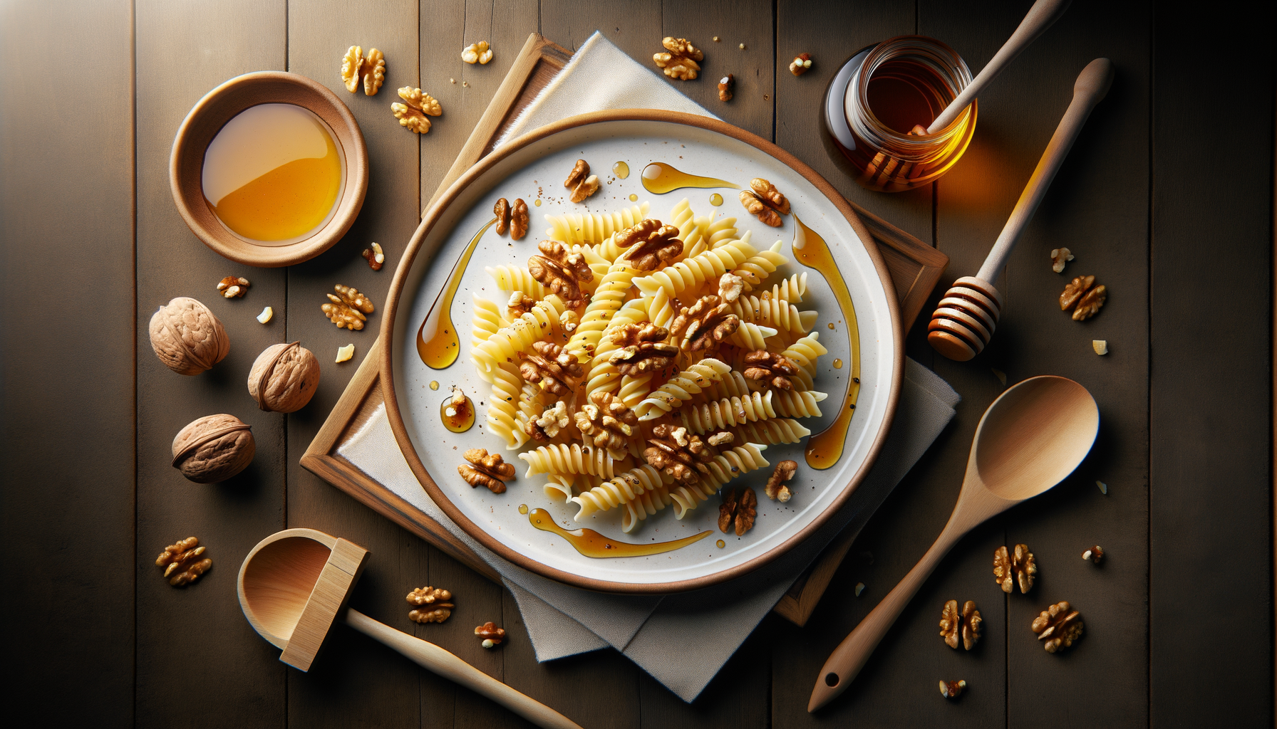 Crea l'immagine di un piatto che rappresenta la ricetta di "Linguine con Miele e Noci" catturando l'essenza di una fotografia professionale di alta qualità, con il soggetto in primo piano e un tavolo realistico imbandito con gli ingredienti principali della ricetta. La fotografia è scattata frontalmente.